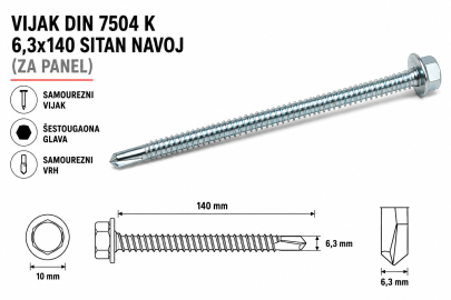 VIJAK DIN 7504 K 6,3x140 SITAN NAVOJ (ZA PANEL)